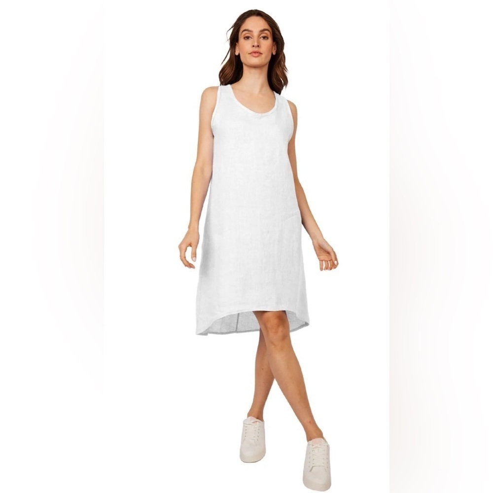 JONES NEW YORK Sz XL (estimated) White Linen Dress High Low Unlined Round Neck